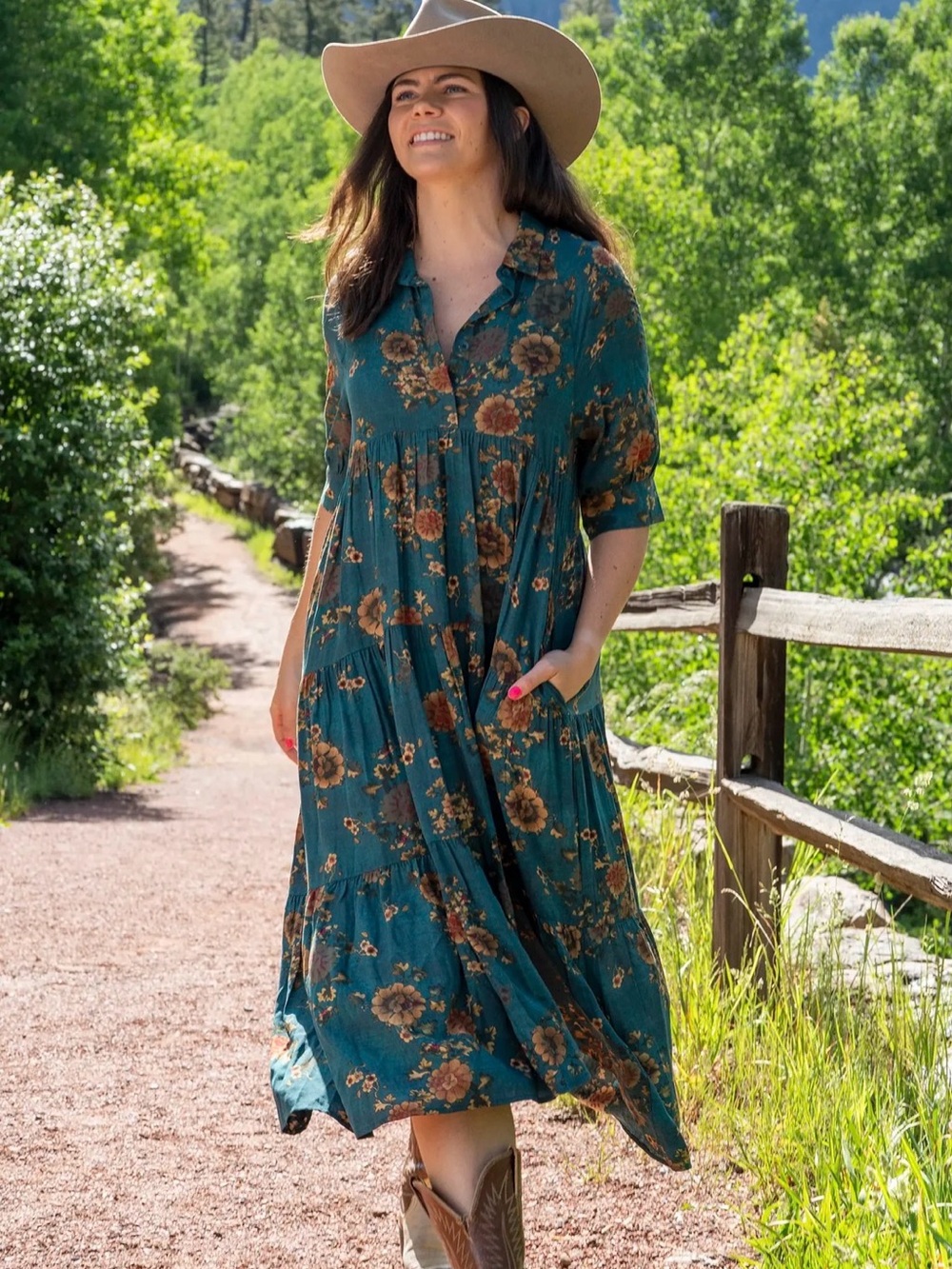 🔘NATURAL LIFE “Rebecca” Midi Dress in “Teal / Orange Clusters”